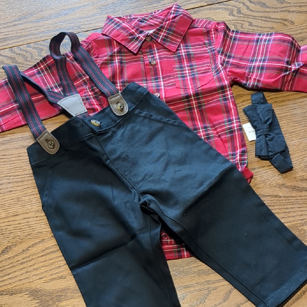 Red Plaid Shirt and Black Suspender Pants Set. Size Is 9 Months